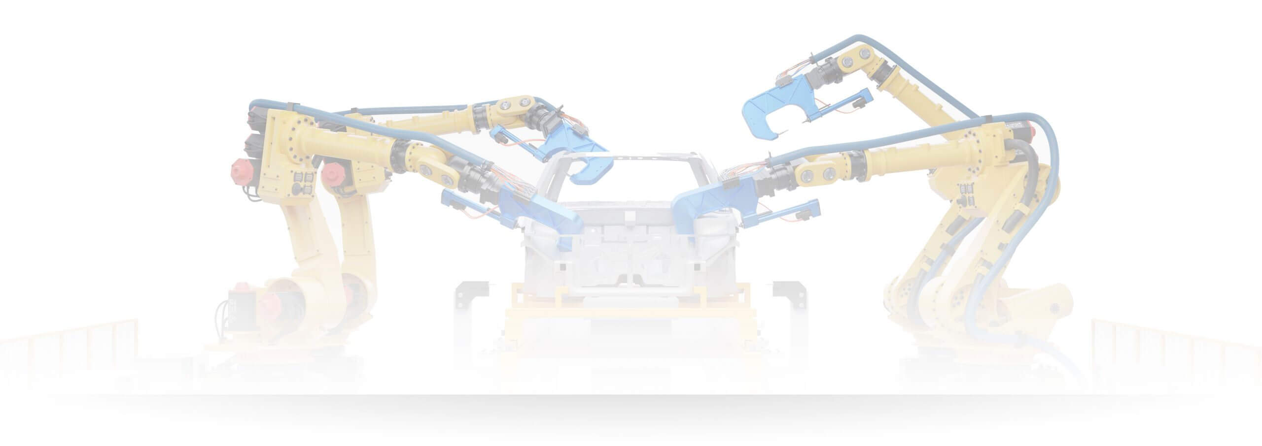 Werksroboter arbeitend an Auto auf Fließband durchsichtig fast verblasst